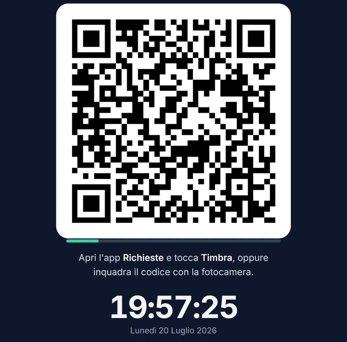 Schermata del tablet di timbratura con QR a rotazione e orologio. Dati di prova.