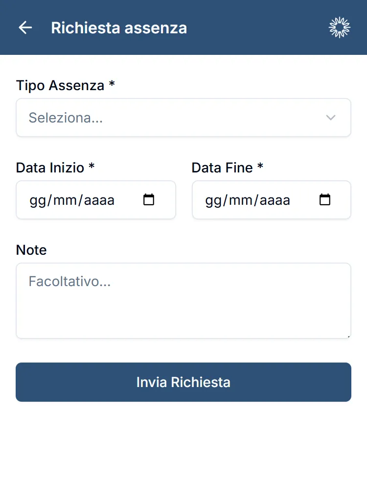 Il modulo di richiesta assenza: tipo, date e invio in due tocchi. Dati di prova.