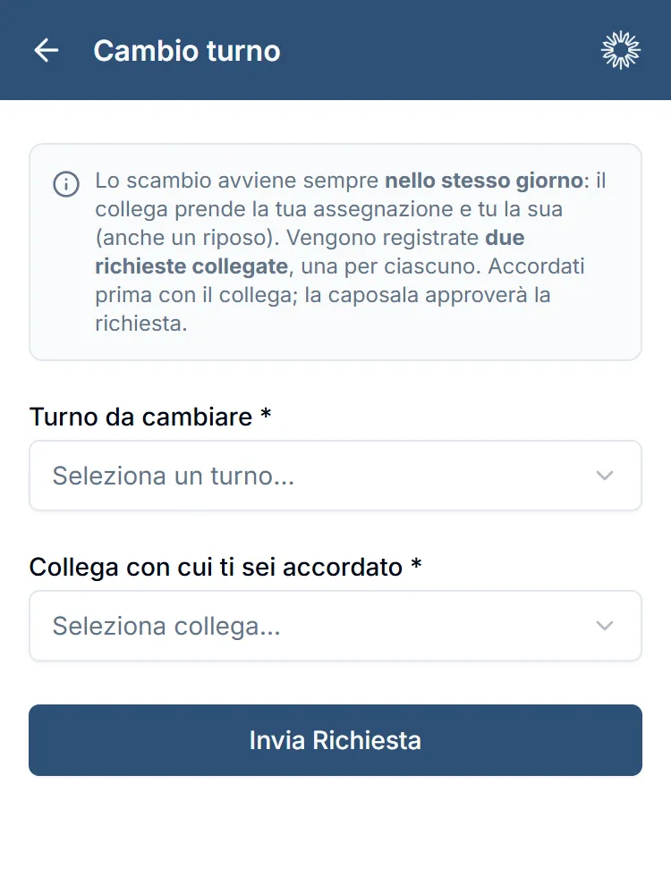Il modulo di cambio turno: si sceglie il proprio turno e il collega con cui scambiare. Dati di prova.