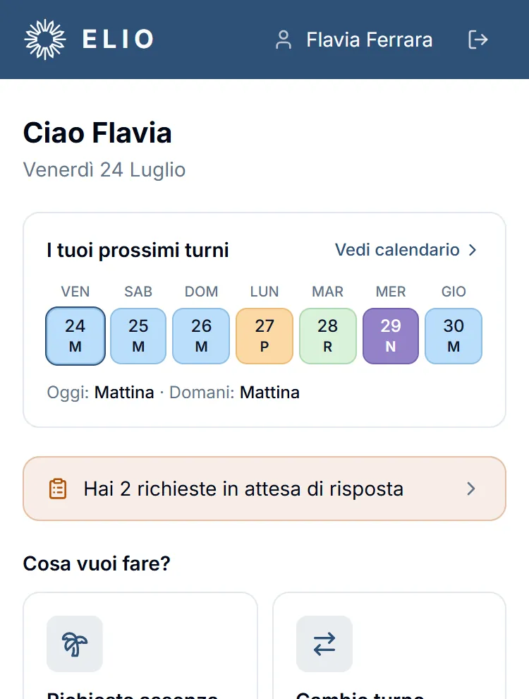 La home dell’app sul telefono: saluto, prossimi turni e azioni rapide per assenze e cambi. Dati di prova.
