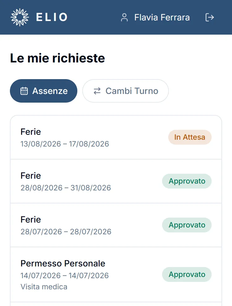 L’elenco delle proprie richieste, ognuna con lo stato: in attesa, approvata o rifiutata. Dati di prova.